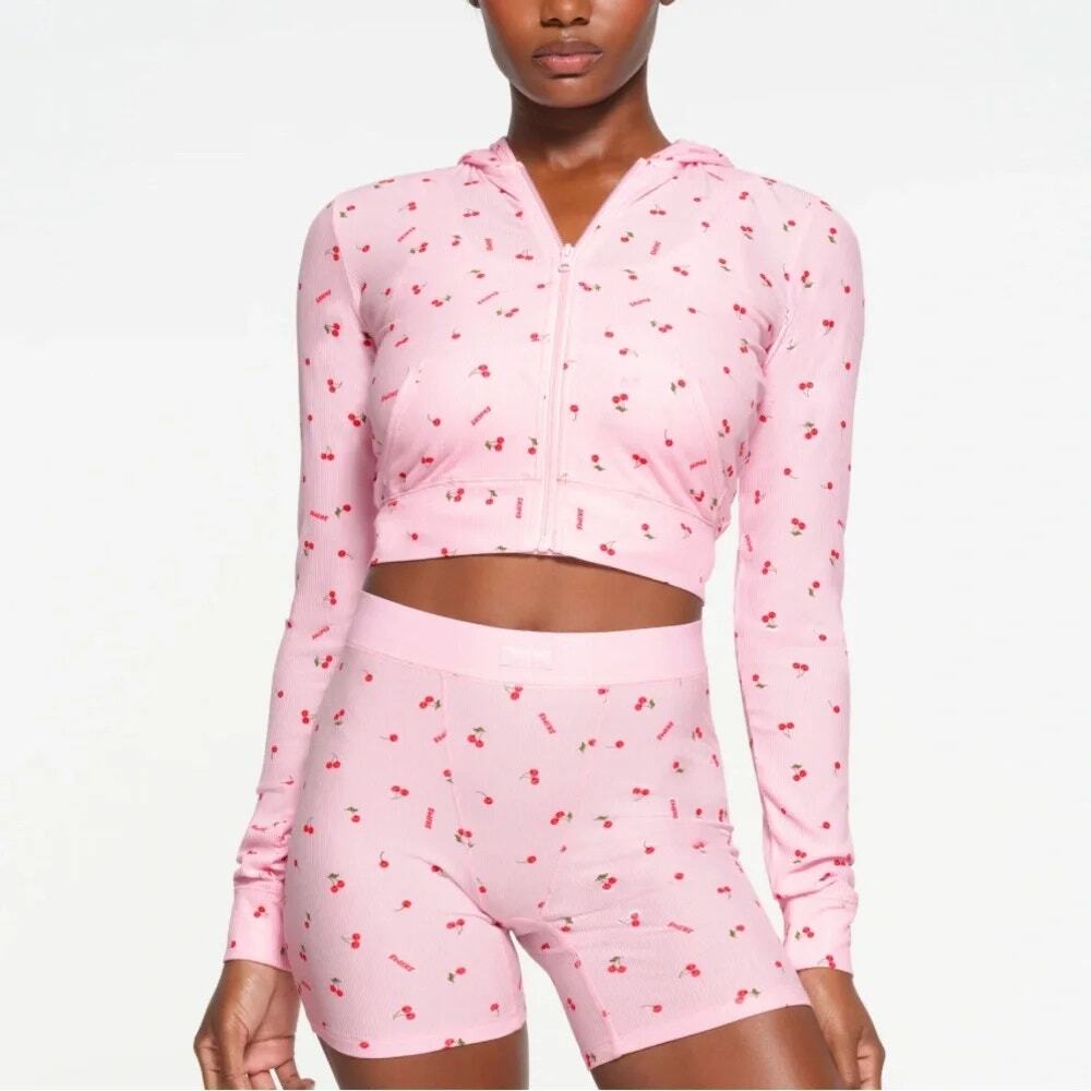 NWT Skims Soft Lounge Zip-Up Hoodie Cherry Print Size S